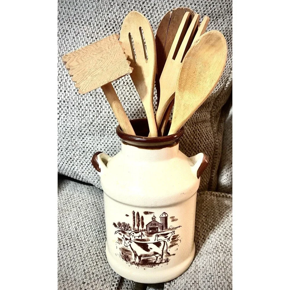 Vintage Himark Kitchen Utensil Farm Scene Crock & Wooden Utensils Country Decor